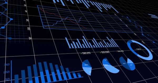 Image of statistic lines, charts and graphs recording and processing over a grid with numbers and markers on digital display. Global finances and statistics concept digitally generated image.