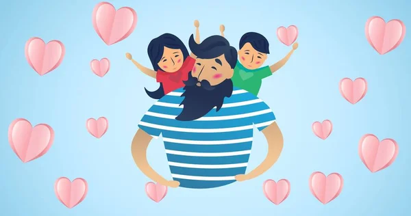 Mavi Arka Planda Kalp Ikonları Üzerinde Kucaklaşan Aile Kompozisyonu Mutlu — Stok fotoğraf