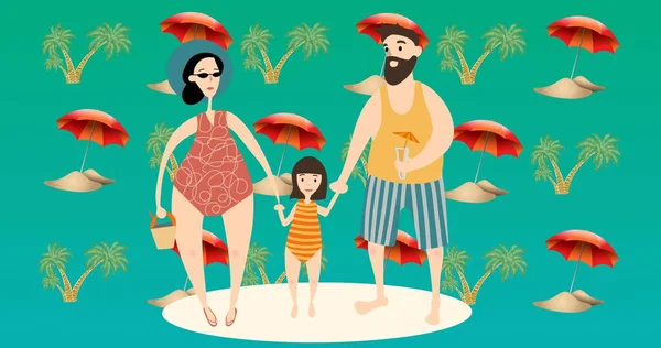 Samenstelling Van Familie Het Strand Groene Achtergrond Gelukkig Familie Liefde — Stockfoto