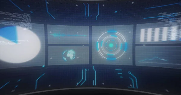 スコープスキャン 統計記録 地球回転 画面上のデータ処理の画像 デジタルインターフェース グローバルな接続と通信の概念デジタルで生成された画像 — ストック写真