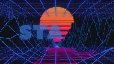 Renkli şebeke üzerinde renkli dijital manzara üzerinde başlangıç metninin canlandırması. Video oyunu, tıbbi araştırma, bağlantılar ve dijital olarak oluşturulmuş eğlence konsepti.