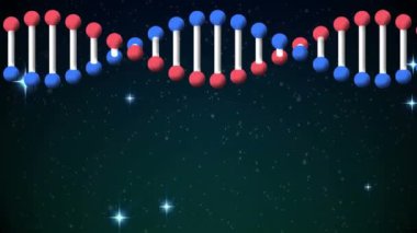 Yıldızlı karanlık arka planda dönen 3D DNA iplikçiklerinin animasyonu. tıbbi araştırma, doğa ve teknoloji konsepti dijital olarak oluşturulmuş video.