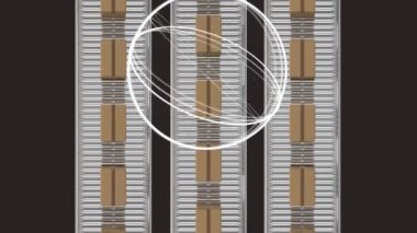 Konveyör bantlarında hareket eden mukavva kutuların üzerinde mikroskop taraması. Dijital olarak üretilen video konsepti.