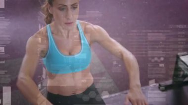 Kürek çeken bir kadın hakkında veri işleme animasyonu. global spor, fitness ve veri işleme konsepti dijital olarak oluşturulmuş video.