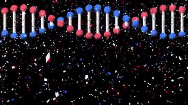 Siyah arka planda dönen DNA üzerine mavi ve beyaz konfeti animasyonu. Vatanseverlik ve kutlama konsepti dijital olarak oluşturulmuş video.