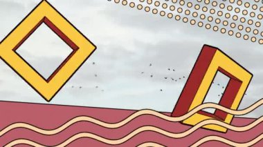 Gökyüzünde hareket eden retro şekiller ağının animasyonu. küresel bağlantılar ve dijital arayüz konsepti dijital olarak oluşturulmuş video.