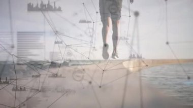 Bağlantılar ağının animasyonu ve insan koşusu üzerine veri işleme. global spor, fitness, sağlıklı yaşam tarzı ve dijital olarak üretilen veri işleme konsepti.