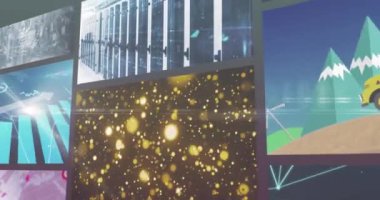 Çoklu kaydırma işi, eğlence ve teknoloji ekranlarının birleşik animasyonu. küresel iletişim, iş dünyası, teknoloji ve eğlence, dijital arayüz kavramı dijital olarak oluşturulmuş video.