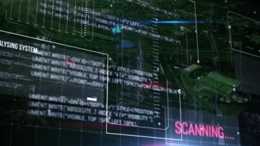 Şehir manzarası üzerindeki istatistik ve veri işleme ve tarama animasyonları. küresel veri işleme, dijital arayüz ve dijital olarak oluşturulmuş video konsepti.
