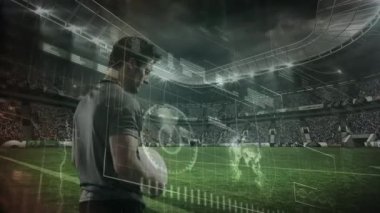 Spor stadyumundaki ragbi maçında ragbi oyuncusu üzerinden veri işleme animasyonu. küresel spor, rekabet ve veri işleme kavramı dijital olarak oluşturulmuş video.