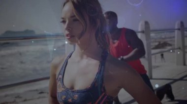 Açık havada egzersiz yapan kadın üzerindeki bağlantı ağının animasyonu. global spor, fitness, veri işleme ve dijital arayüz kavramı dijital olarak oluşturulmuş video.