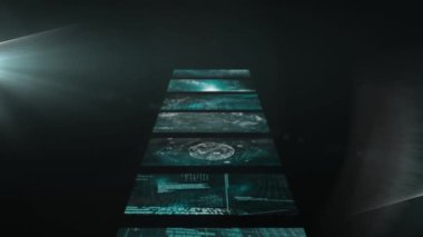 Arayüz ekran işleme verilerinin animasyonu, siyah arkaplanda yüzen eğri beyaz çizgiler. küresel iletişim ağı ve dijital arayüz konsepti dijital olarak oluşturulmuş video.