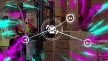 Forklift 'te çalışan kadın ve erkek arasındaki bağlantıların animasyonu. küresel gönderim, bağlantılar ve veri işleme konsepti dijital olarak oluşturulmuş video.