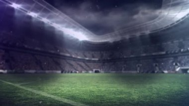 Boş bir stadyumun üzerine düşen beyaz noktaların animasyonu. global spor, rekabet ve bilim konsepti dijital olarak üretilen video.