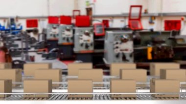 Depodaki taşıma bantlarında hareket eden karton kutuların animasyonu. Dijital olarak üretilen video konsepti.