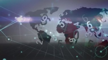 Veri işlemenin animasyonu, dünya haritası üzerinde bağlantılar ağı. küresel iletişim, dijital arayüz ve veri ağı konsepti, dijital olarak oluşturulmuş video.