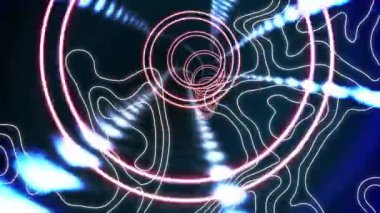 Parlak ışık tünelinde dönen beyaz çizgilerin ve parlayan dairelerin animasyonu. ışık ve hareket kavramı dijital olarak oluşturulmuş video.