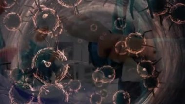 Yüz maskeli cerrahların üzerinde yüzen 19 hücrenin animasyonu. küresel covid 19 salgın hastalık ve sağlık hizmetleri konsepti dijital olarak oluşturulmuş video.