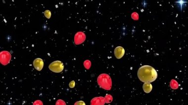 Konfetilerin düşüşü ve siyah arka planda uçan kırmızı ve altın balonların animasyonu. parti ve kutlama konsepti dijital olarak oluşturulmuş video.