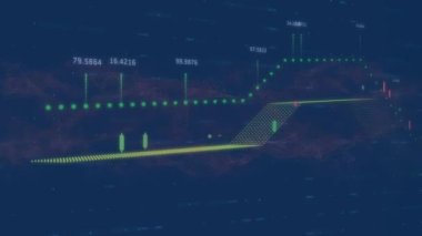 Kırmızı dalgalar üzerinde veri işleme animasyonu. küresel bilim, veri işleme ve dijital arayüz kavramı dijital olarak oluşturulmuş video.