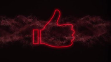 Siyah arkaplanda pembe buhar bulutu üzerinde kırmızı neon başparmağın bir simge gibi yukarı çekilmesi. küresel iletişim, sosyal ağ oluşturma ve dijital arayüz arka plan kavramı dijital olarak oluşturulmuş video.