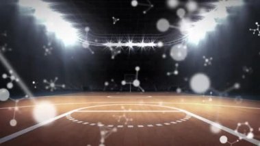 Boş bir stadyumun üzerinde moleküllerin canlandırılması. global spor, rekabet ve bilim konsepti dijital olarak üretilen video.