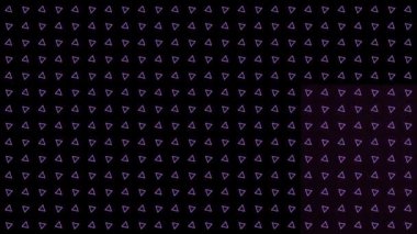 Yüzen beyaz çizgi panellerin animasyonu, üzerinde mor üçgenlerin döndüğü ızgara, siyah üzerinde. küresel iletişim ağı ve dijital arayüz arkaplan kavramı dijital olarak oluşturulmuş video.