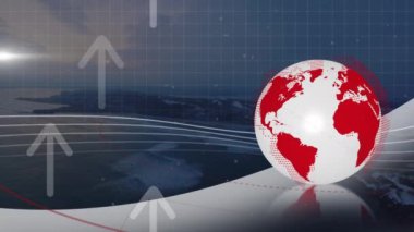 Manzaranın üzerinde oklarla dönen dünyanın animasyonu. küresel iş, bağlantılar ve veri işleme kavramı dijital olarak oluşturulmuş video.