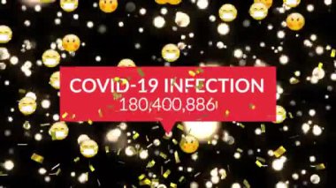 Metin covid 19 enfeksiyonunun animasyonu, artan sayıda, altın konfeti ışıkları ve siyah üzerinde emojiler. Kutlama, iletişim teknolojisi ve covid 19 salgın konsepti dijital olarak oluşturulmuş video.