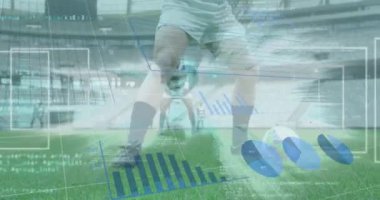 Spor stadyumundaki ragbi maçında ragbi oyuncuları üzerinde veri işleme animasyonu. küresel spor, rekabet ve veri işleme kavramı dijital olarak oluşturulmuş video.