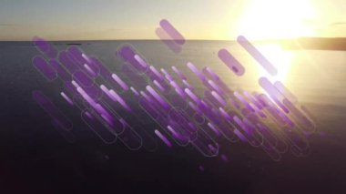 Gün batımında denizde hareket eden mor ışık patlamalarının animasyonu. küresel iletişim ve veri ağı, dijital olarak oluşturulan video.