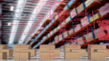 Taşıyıcı bantların üzerinde kutularla işlenen istatistiklerin animasyonu. küresel gönderim, dijital arayüz, teknoloji ve bağlantılar konsepti dijital olarak oluşturulmuş video.