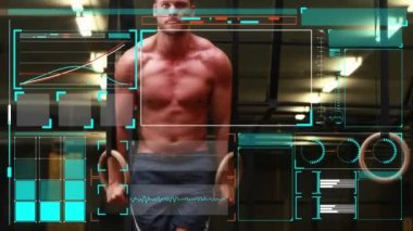 Güçlü bir adamın egzersiz yapması üzerine dijital arayüz animasyonu. global spor, fitness, sağlıklı yaşam tarzı ve dijital olarak üretilen veri işleme konsepti.