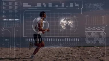 Plajda koşan zinde bir adamın veri işleme animasyonu. spor ve yarışma konsepti dijital olarak oluşturulmuş video.