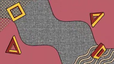 Gri dokuma üzerinde pembe çerçeve ve dekor elementleri olan dönen üçgen ve karelerin animasyonu. küresel iletişim ve dijital arayüz arkaplan kavramı, dijital olarak oluşturulmuş video.