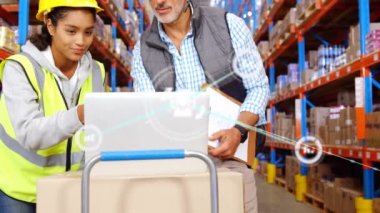 Depoda çalışan kadın ve erkek arasındaki bağlantı ağının animasyonu. küresel gönderim, bağlantılar ve dijital arayüz konsepti dijital olarak oluşturulmuş video.