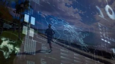 Plajda koşan zinde bir adamın veri işleme animasyonu. spor ve yarışma konsepti dijital olarak oluşturulmuş video.