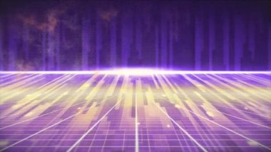 Parlak mor çizgilerin ve hareketli renkli ızgaraların animasyonu. Video oyunu, tıbbi araştırma, bağlantılar ve dijital olarak oluşturulmuş eğlence konsepti.