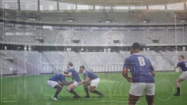 Spor stadyumundaki ragbi maçında veri işleme animasyonu. küresel spor, rekabet ve veri işleme kavramı dijital olarak oluşturulmuş video.