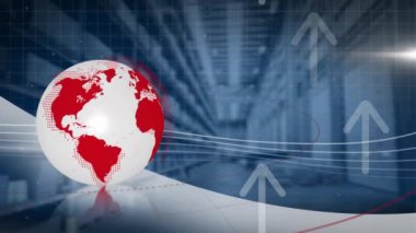 Dönen küre ve arka plandaki depoya doğru ilerleyen çoklu ok. küresel ağ ve lojistik iş konsepti