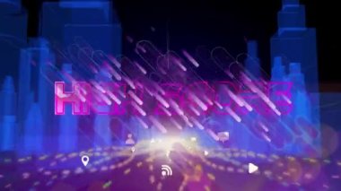 Şehir manzarası ve şebeke üzerinde metalik pembe harflerle yüksek puanlı metnin animasyonu. Video oyunu, iletişim ve eğlence konsepti dijital olarak oluşturuldu.