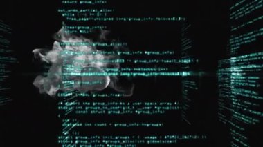 Siyah arkaplana karşı veri işleme üzerinde duman efektinin dijital animasyonu. bilgisayar arayüzü ve teknoloji kavramı