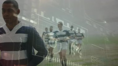 Spor stadyumundaki ragbi maçında veri işleme animasyonu. küresel spor, rekabet ve veri işleme kavramı dijital olarak oluşturulmuş video.
