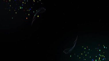 Siyah arka planda hareket eden duman izlerinin üzerine düşen konfeti animasyonu. kutlama, renk ve parti konsepti dijital olarak oluşturulmuş video.