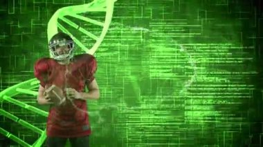 Amerikan futbolcusu üzerinde DNA iplikçiklerinin dönüşünün ve veri işlemesinin animasyonu. küresel spor, rekabet ve veri işleme kavramı dijital olarak oluşturulmuş video.