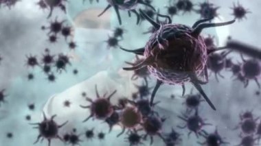 Yüz maskeli cerrahların üzerinde yüzen 19 hücrenin animasyonu. küresel covid 19 salgın hastalık ve sağlık hizmetleri konsepti dijital olarak oluşturulmuş video.