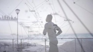 Bağlantılar ağının animasyonu ve insan koşusu üzerine veri işleme. global spor, fitness, sağlıklı yaşam tarzı ve dijital olarak üretilen veri işleme konsepti.