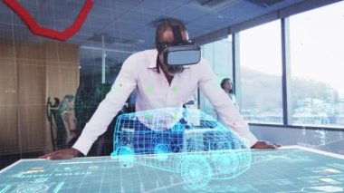 Kırmızı çizgilerin işlenmesi ve VR kulaklık kullanılarak işadamlarının şebekeye çizilen 3D araba animasyonu. küresel iş, teknoloji, bağlantılar ve dijital olarak oluşturulmuş video işleme konsepti.