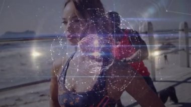 Açık havada koşan çiftlerin dünya çapındaki bağlantılarının görüntüsü. global spor, fitness, veri işleme ve dijital arayüz kavramı dijital olarak oluşturulmuş video.