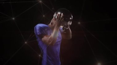 Siyah arka planda Amerikan futbolcusu üzerinden bağlantı ağının animasyonu. global spor, rekabet ve bağlantılar dijital olarak oluşturulmuş video konsepti.